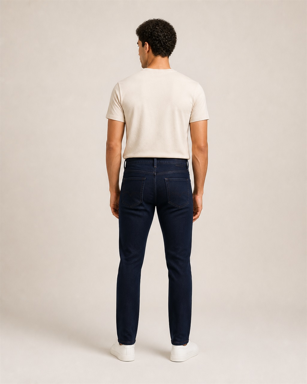 Men's Clean Dark Blue Denim Jeans — No Fade — back view