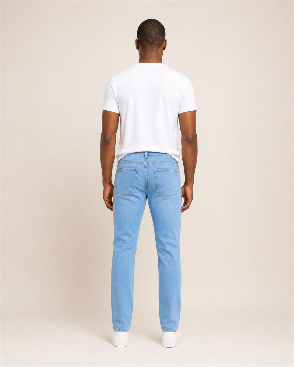 Men's Clean Light Blue Denim Jeans — No Fade — back view