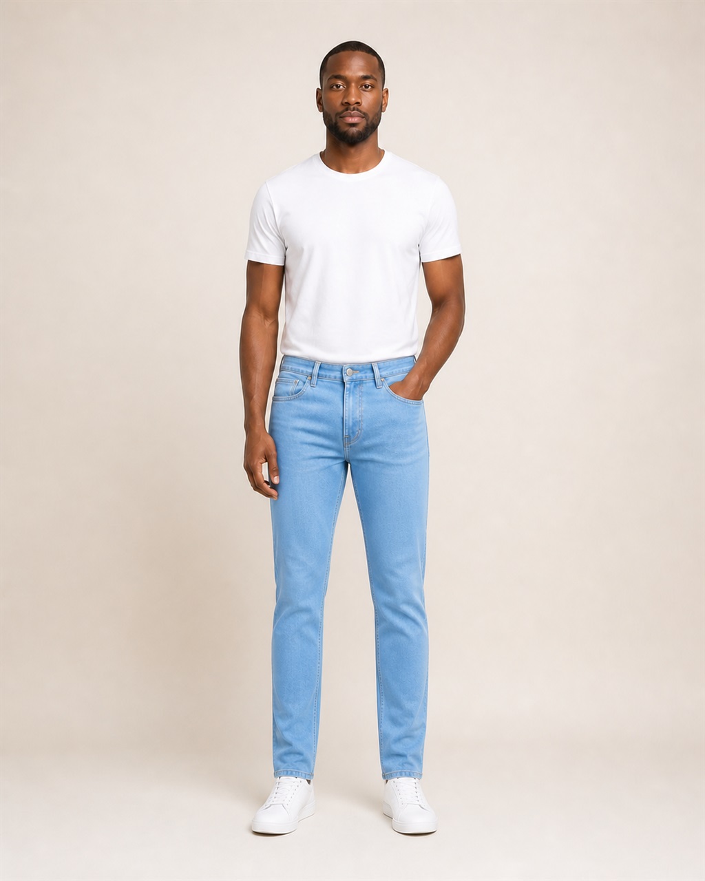 Men's Clean Light Blue Denim Jeans — No Fade closeup view