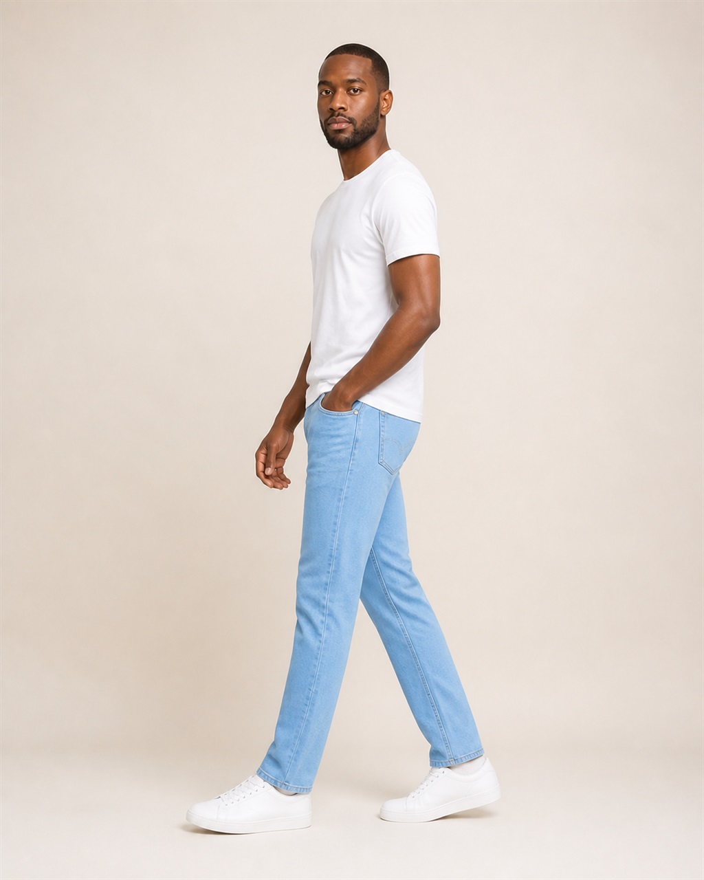 Men's Clean Light Blue Denim Jeans — No Fade side view
