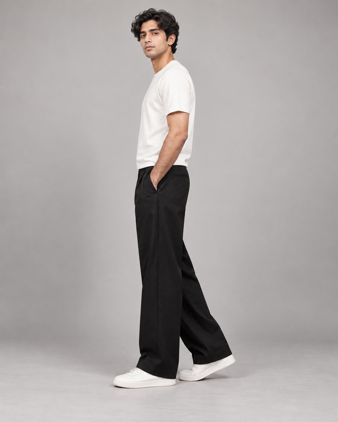 Men wearing black relaxed wide-leg trousers, side view