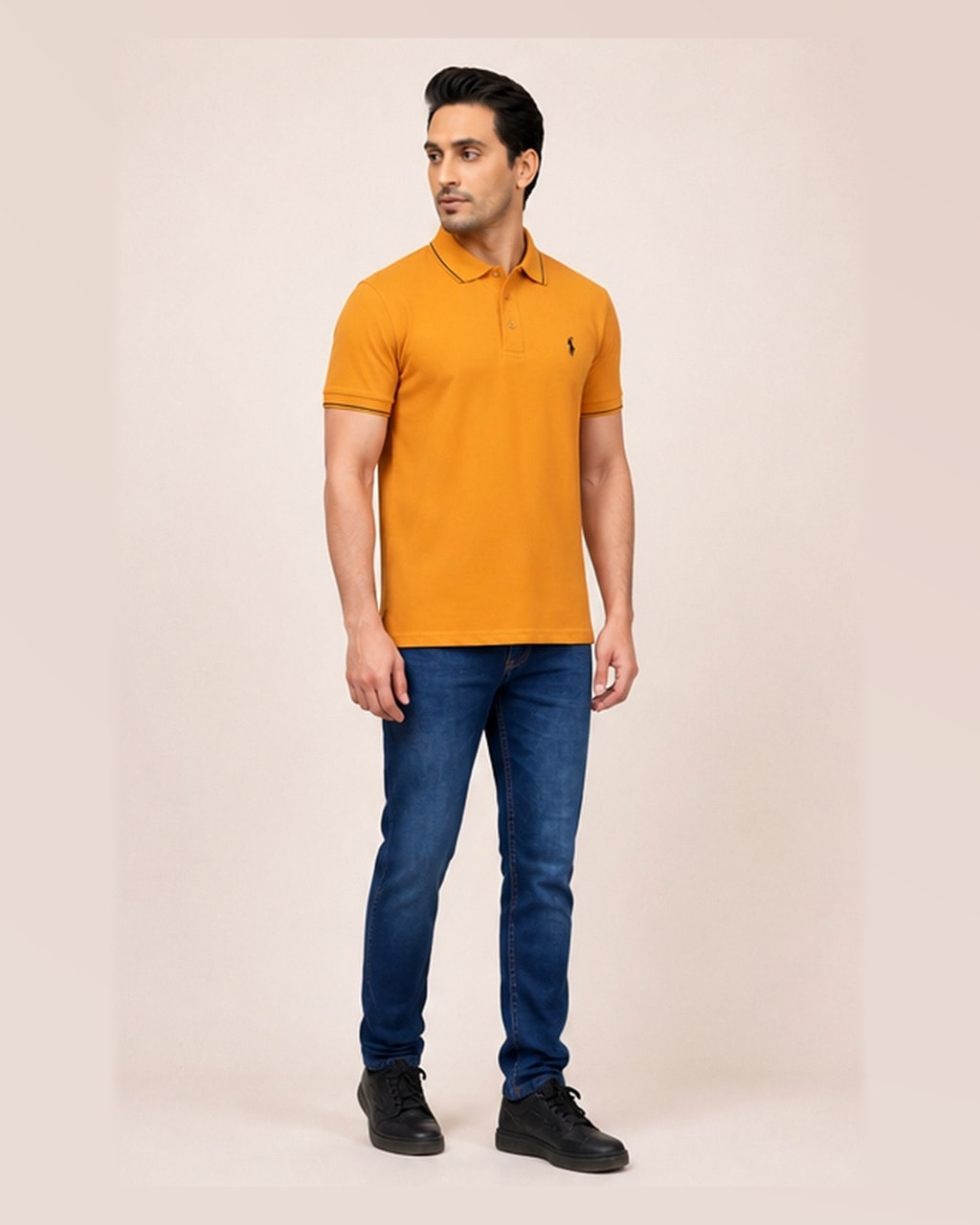 Sleek & Classic: Plain Saffron Yellow Polo T-Shirt for Men side view