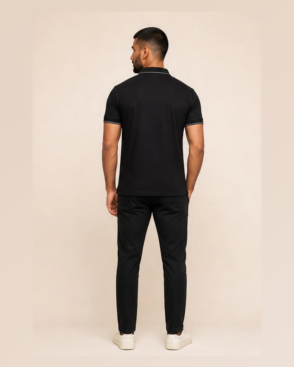 Sleek & Classic: Plain Black Polo T-Shirt for Men — back view
