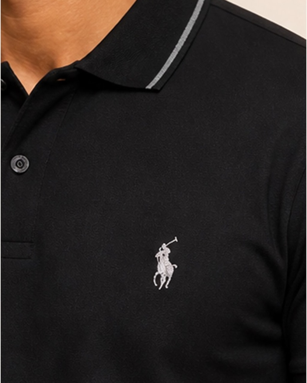 Sleek & Classic: Plain Black Polo T-Shirt for Men closeup view