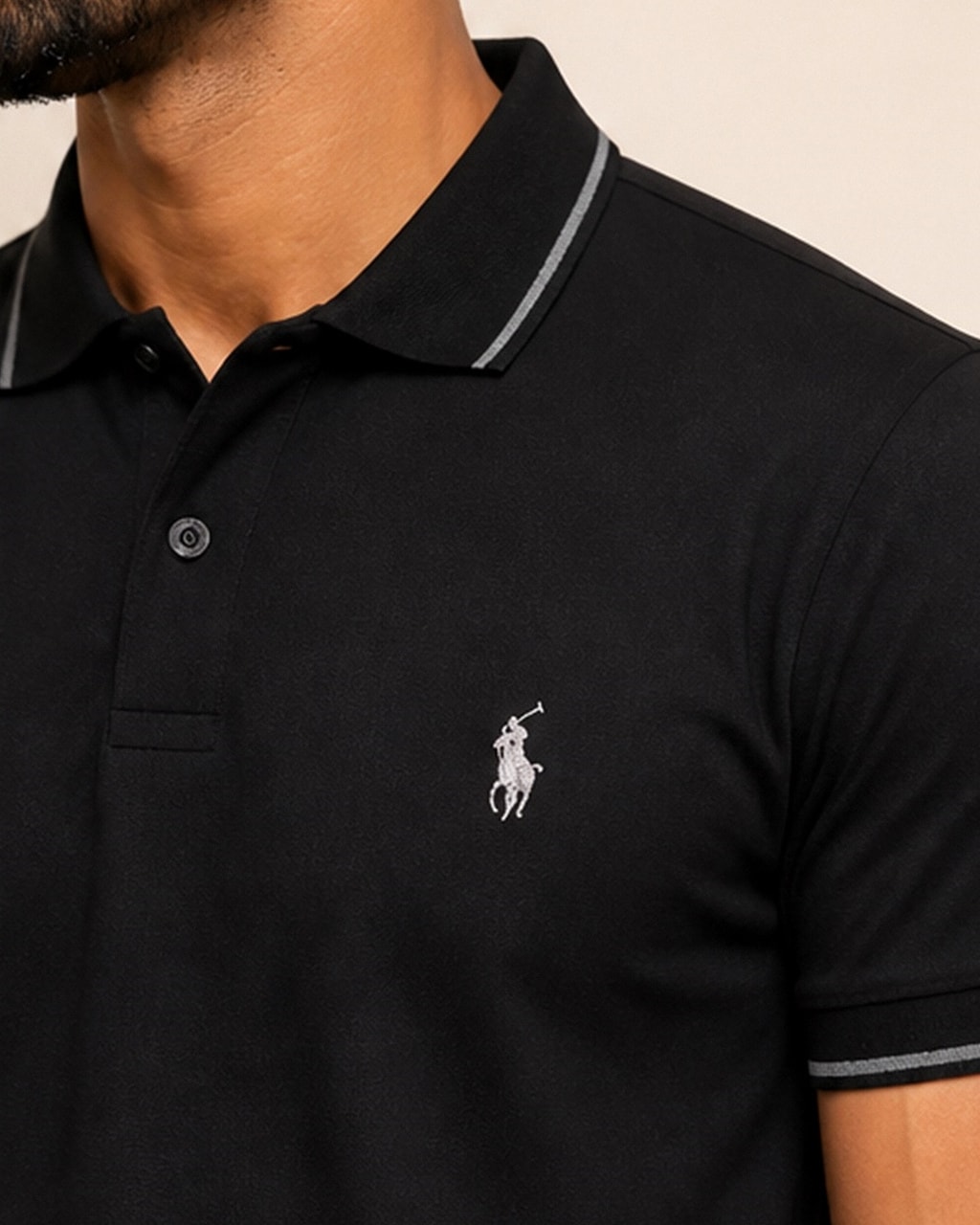 Sleek & Classic: Plain Black Polo T-Shirt for Men detail view