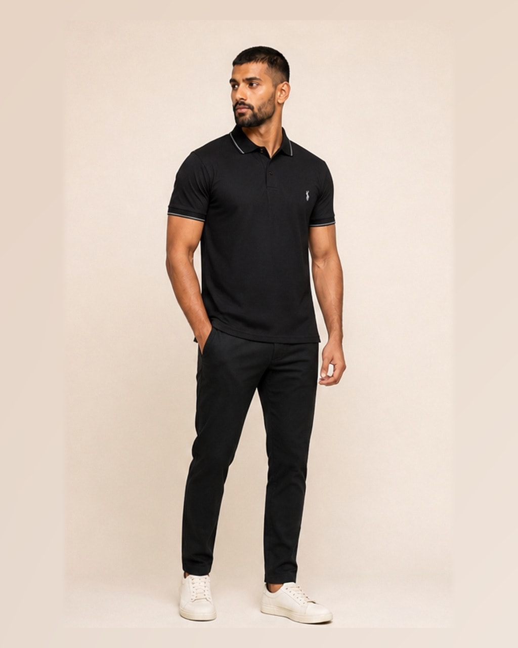 Sleek & Classic: Plain Black Polo T-Shirt for Men side view