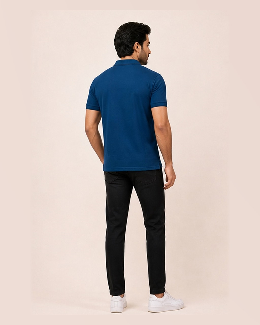 Sleek & Classic: Plain Blue Polo T-Shirt for Men — back view