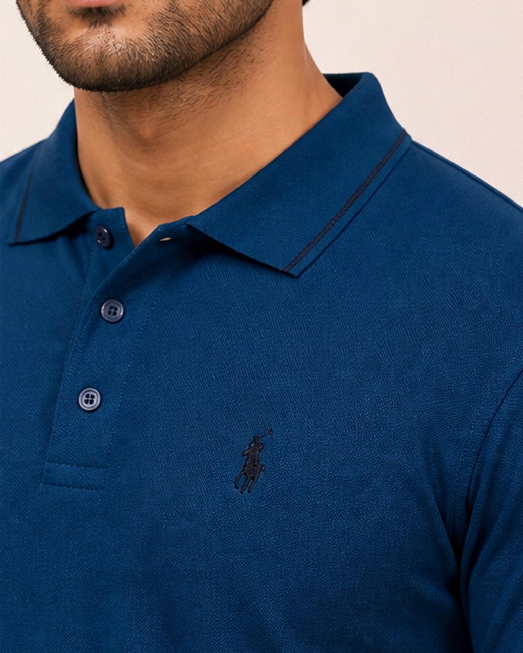 Sleek & Classic: Plain Blue Polo T-Shirt for Men detail view