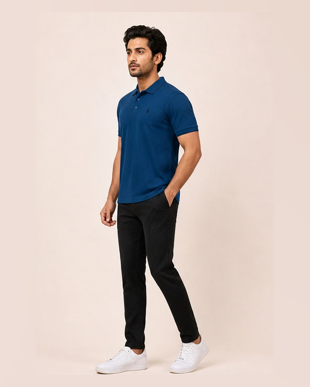 Sleek & Classic: Plain Blue Polo T-Shirt for Men side view