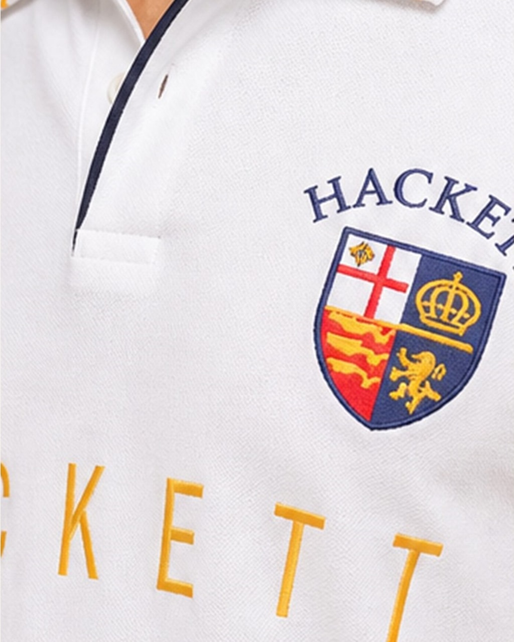 Hackett Lions Patch Classic Fit White Premium Polo closeup view
