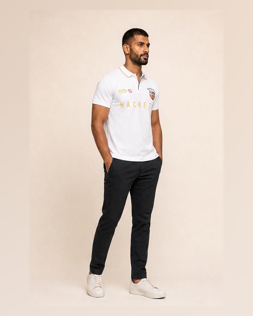 Hackett Lions Patch Classic Fit White Premium Polo side view