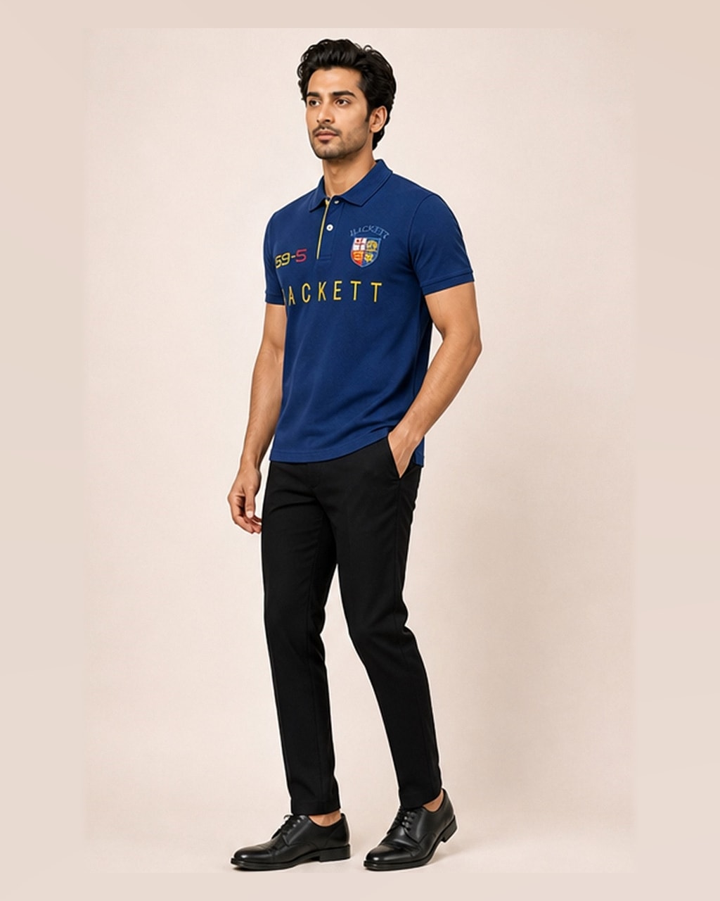 Hackett Lions Patch Classic Fit Navy Blue Premium Polo side view