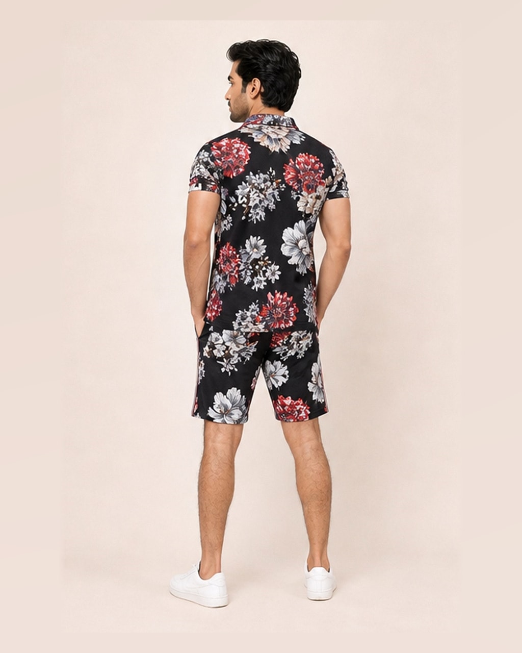 Floral Vibes – Men’s Short Sleeve Top and Shorts Tracksuit Set — back view