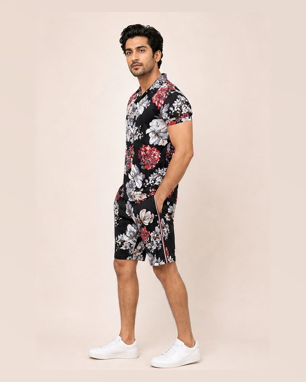 Floral Vibes – Men’s Short Sleeve Top and Shorts Tracksuit Set side view