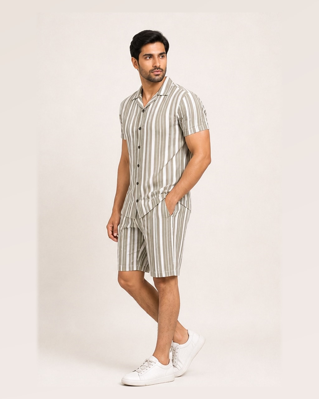 Stay Cool and Stylish – Men’s Striped Tracksuit Short Sleeve Top and Shorts side view