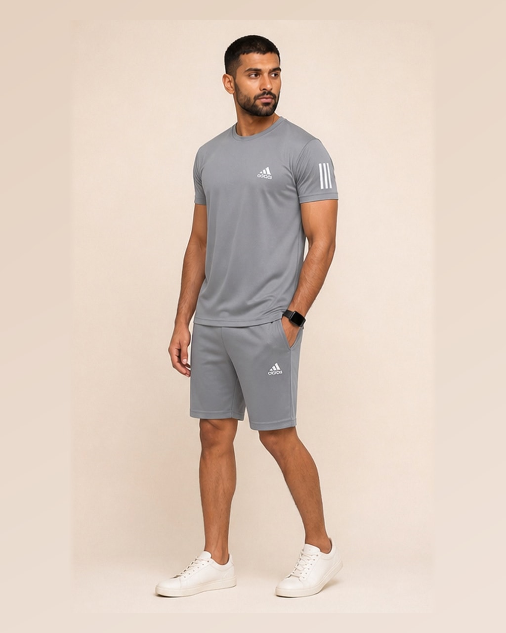 Reflective Logo Round Neck Gray Tracksuit side view