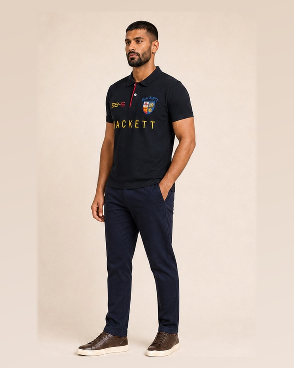 Hackett Lions Patch Classic Fit Black Premium Polo side view